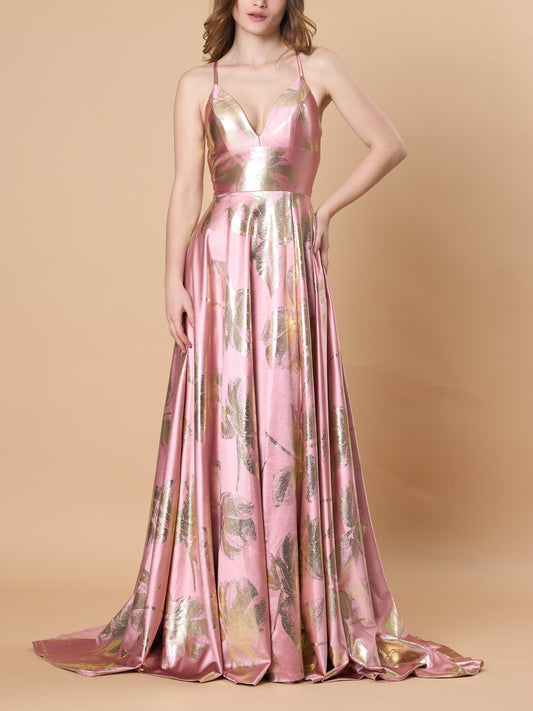 72-Hour Dispatch Pink & Gold Metallic Floral Satin Gown Criss-Cross Back High Slit A-Line Prom Dress