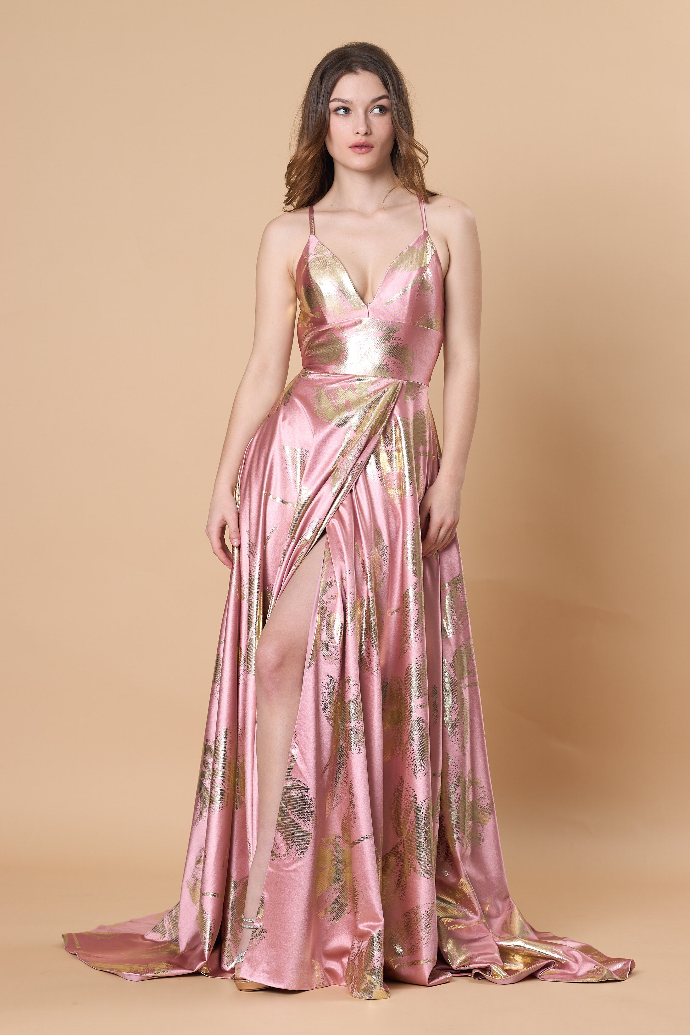 Dusty Pink Gold Foil Floral Satin V Neck Spaghetti Strap A Line Train Maxi Gown | Ships Within 72 Hours Search Tags