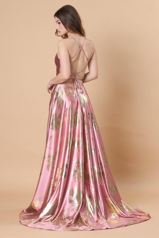 72-Hour Dispatch Pink & Gold Metallic Floral Satin Gown Criss-Cross Back High Slit A-Line Prom Dress