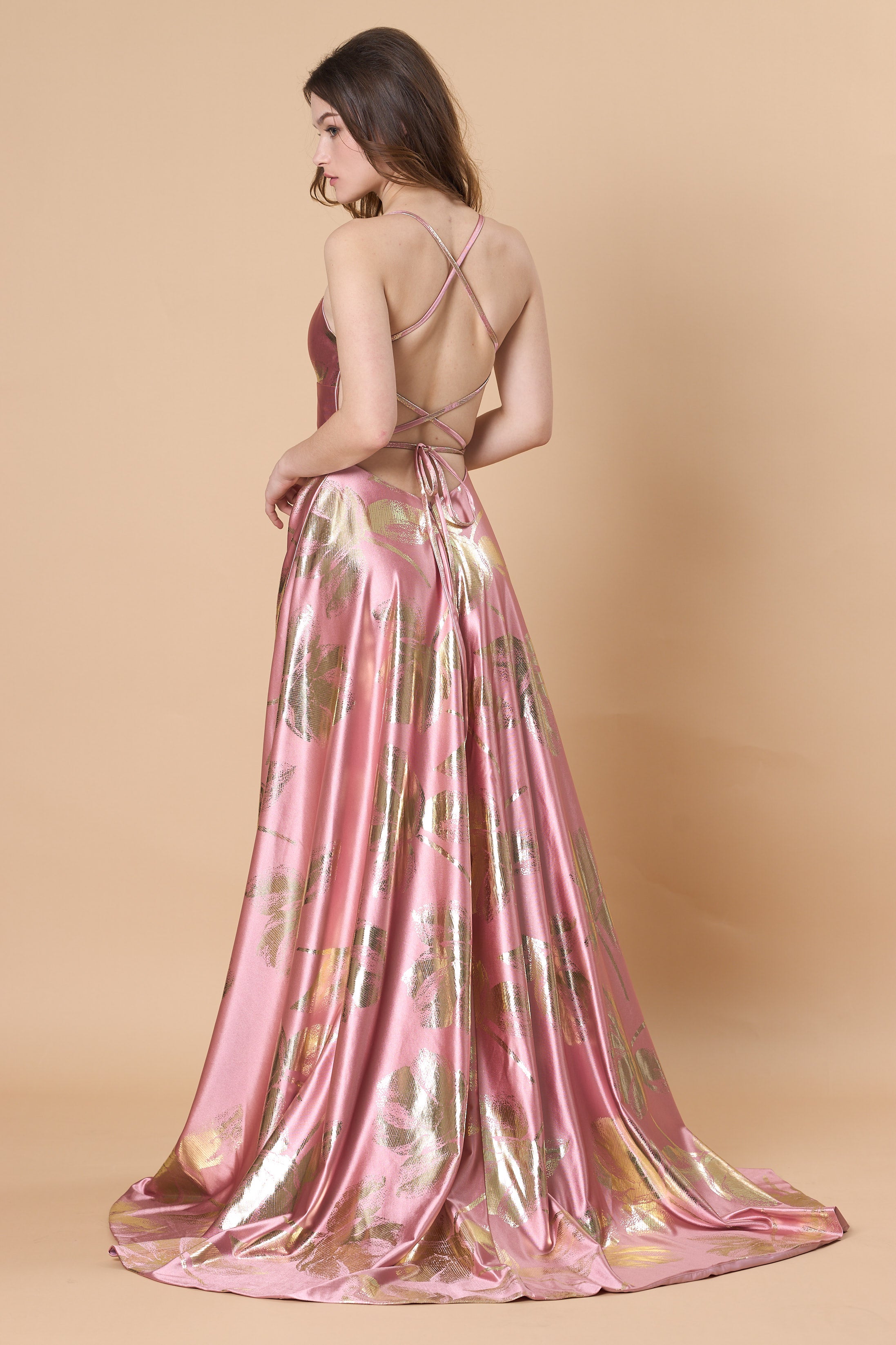Dusty Pink Gold Foil Floral Satin V Neck Spaghetti Strap A Line Train Maxi Gown | Ships Within 72 Hours Search Tags