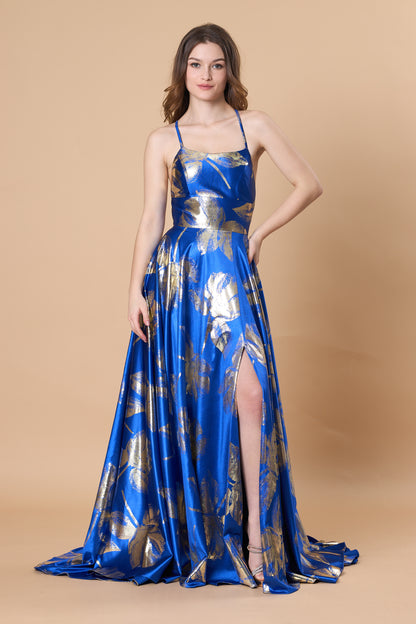 72-Hour Dispatch Royal Blue & Gold Metallic Floral Satin Gown Criss-Cross Back High Slit A-Line Prom Dress
