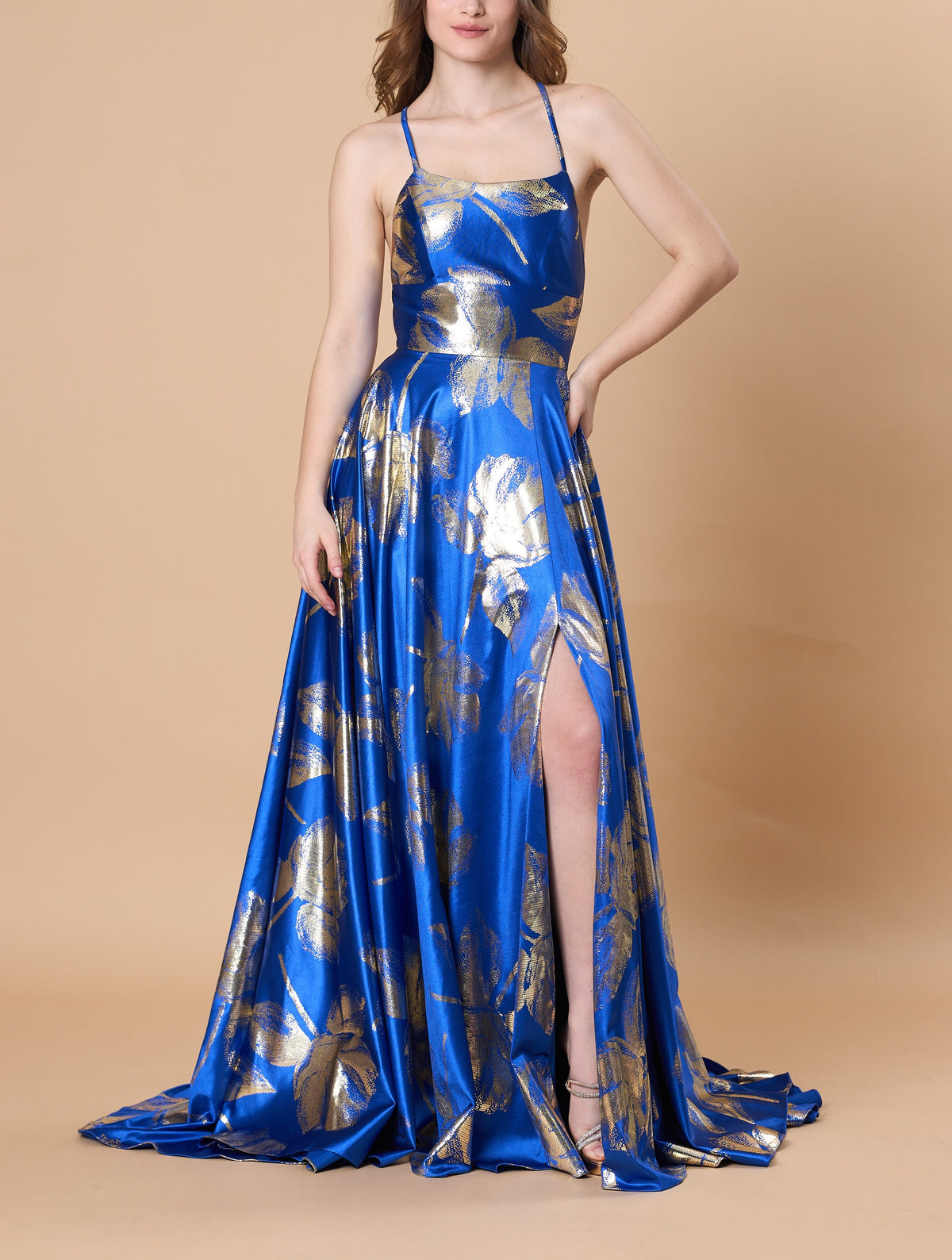 72-Hour Dispatch Royal Blue & Gold Metallic Floral Satin Gown Criss-Cross Back High Slit A-Line Prom Dress