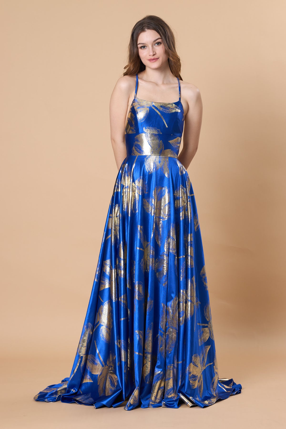 72-Hour Dispatch Royal Blue & Gold Metallic Floral Satin Gown Criss-Cross Back High Slit A-Line Prom Dress