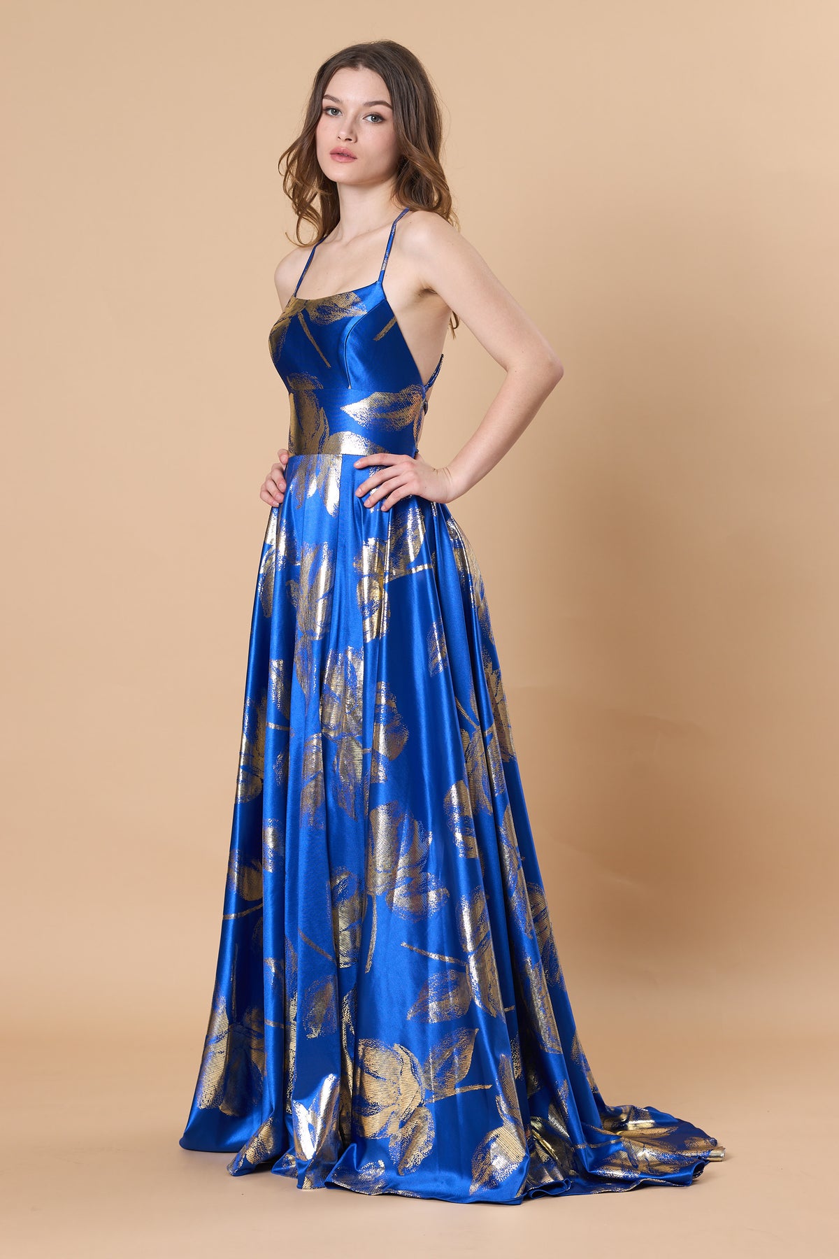 72-Hour Dispatch Royal Blue & Gold Metallic Floral Satin Gown Criss-Cross Back High Slit A-Line Prom Dress