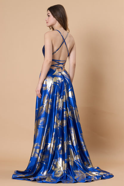 72-Hour Dispatch Royal Blue & Gold Metallic Floral Satin Gown Criss-Cross Back High Slit A-Line Prom Dress