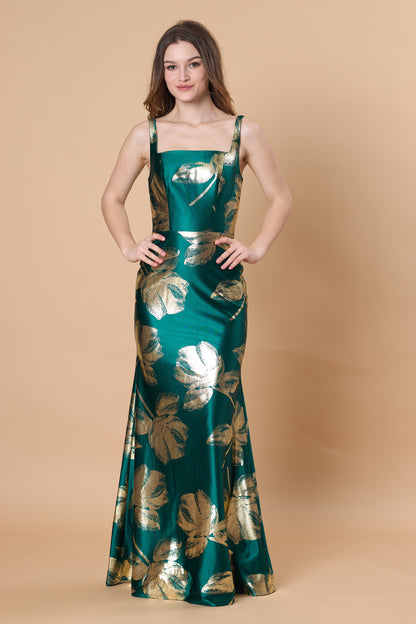 72-Hour Dispatch Emerald Green & Gold Metallic Floral Satin Gown Square Neck V-Back Sleeveless Formal Dress