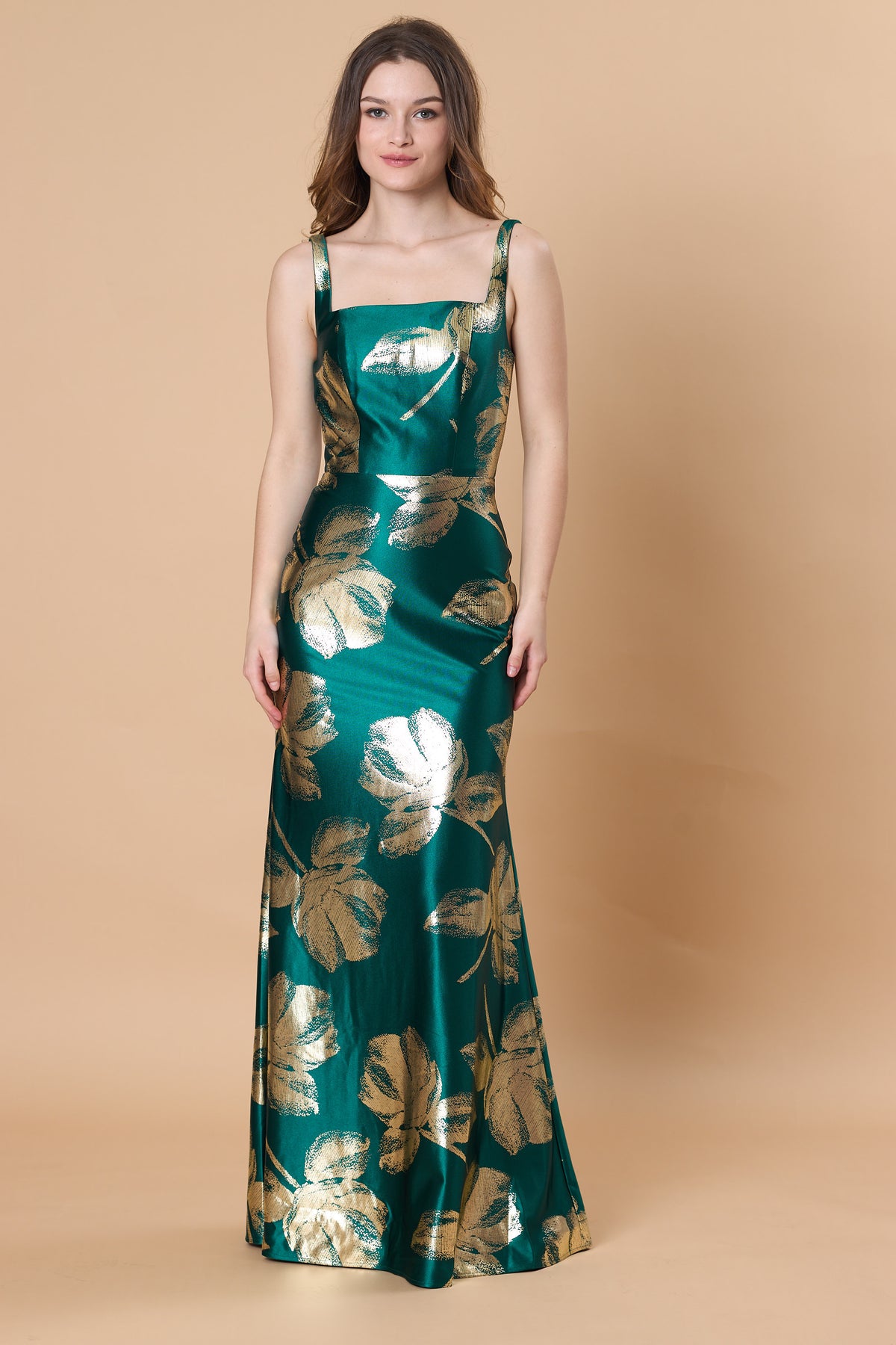 72-Hour Dispatch Emerald Green & Gold Metallic Floral Satin Gown Square Neck V-Back Sleeveless Formal Dress