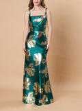 Emerald Green Gold Floral Satin Square Neck Spaghetti Strap Mermaid Maxi Gown | Ships Within 72 Hours