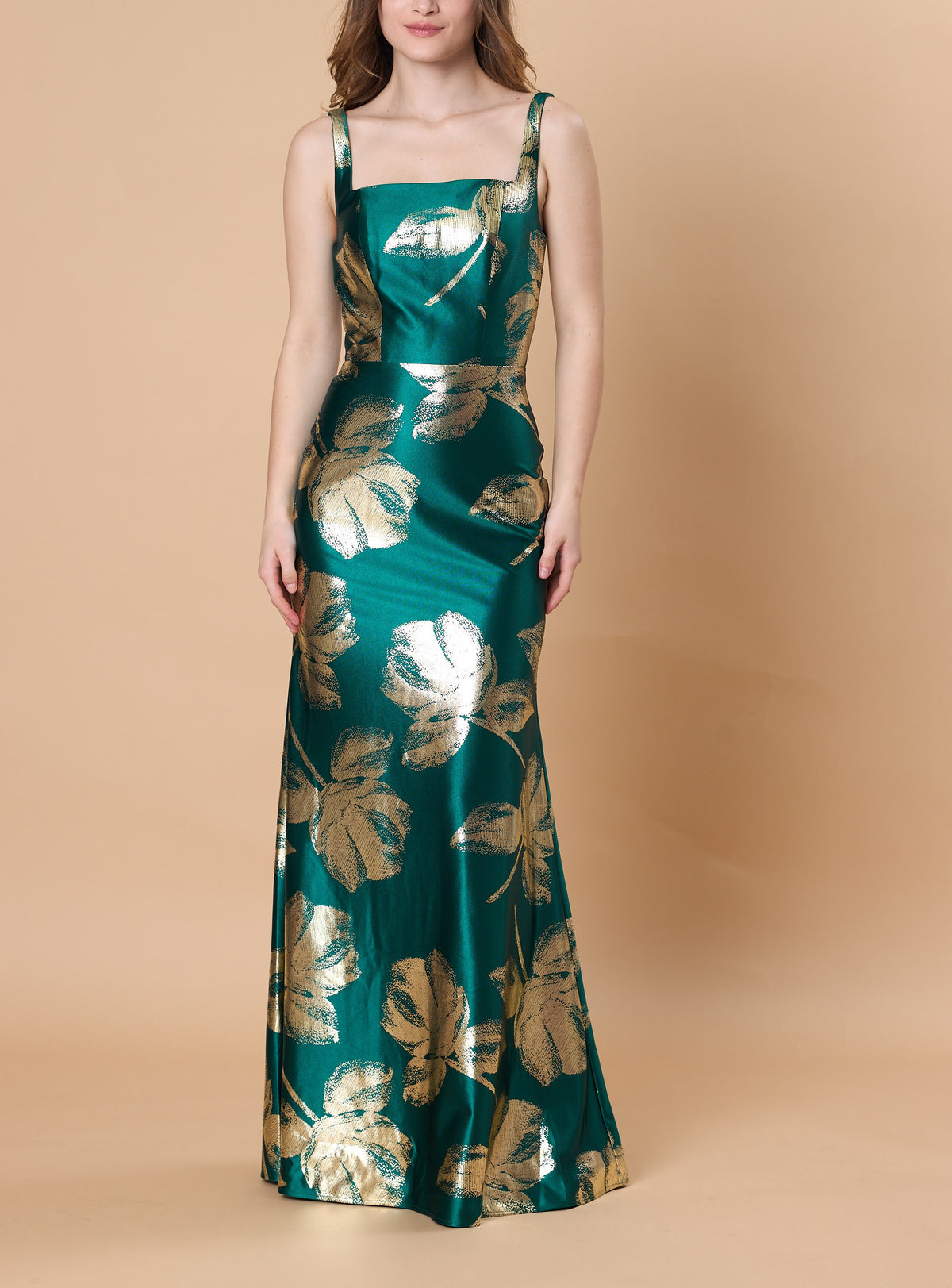 72-Hour Dispatch Emerald Green & Gold Metallic Floral Satin Gown Square Neck V-Back Sleeveless Formal Dress