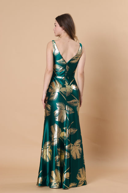 72-Hour Dispatch Emerald Green & Gold Metallic Floral Satin Gown Square Neck V-Back Sleeveless Formal Dress