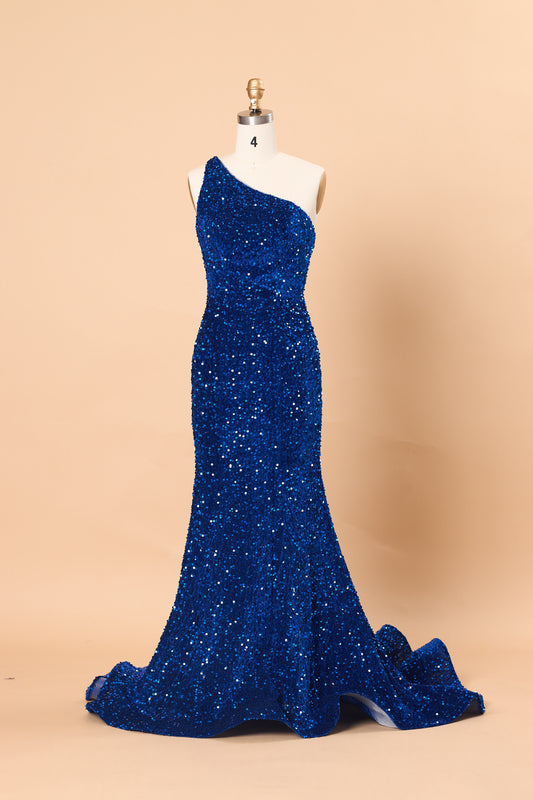 Royal Blue Sequin One Shoulder Mermaid Prom Gown With Train | Ships Within 72 Hours
