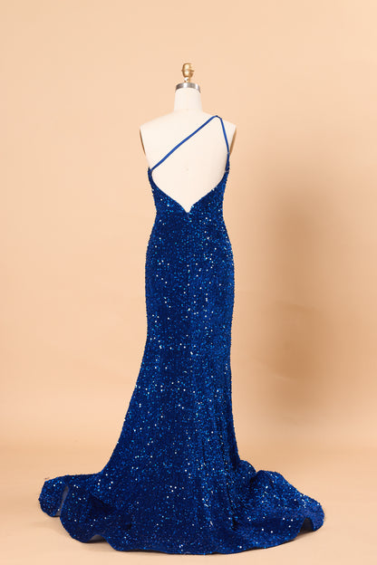 Royal Blue Sequin One Shoulder Mermaid Prom Gown With Train | Ships Within 72 Hours