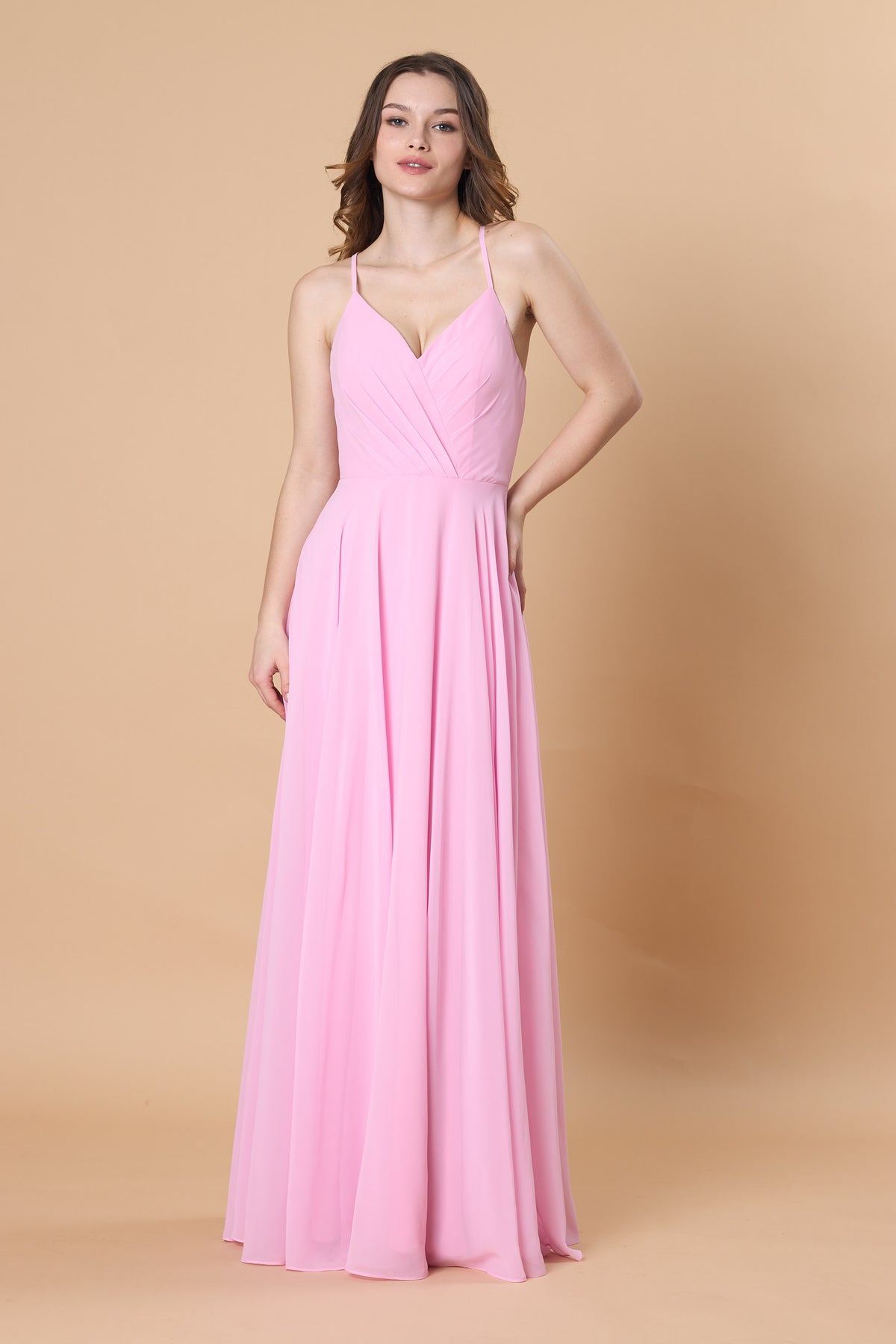 Blush Pink V Neck Spaghetti Strap Pleated Chiffon A Line Maxi Bridesmaid Dress | Ships Within 72 Hours