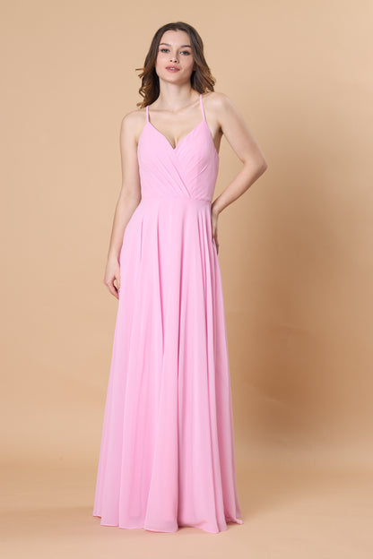 Blush Pink V Neck Spaghetti Strap Pleated Chiffon A Line Maxi Bridesmaid Dress | Ships Within 72 Hours