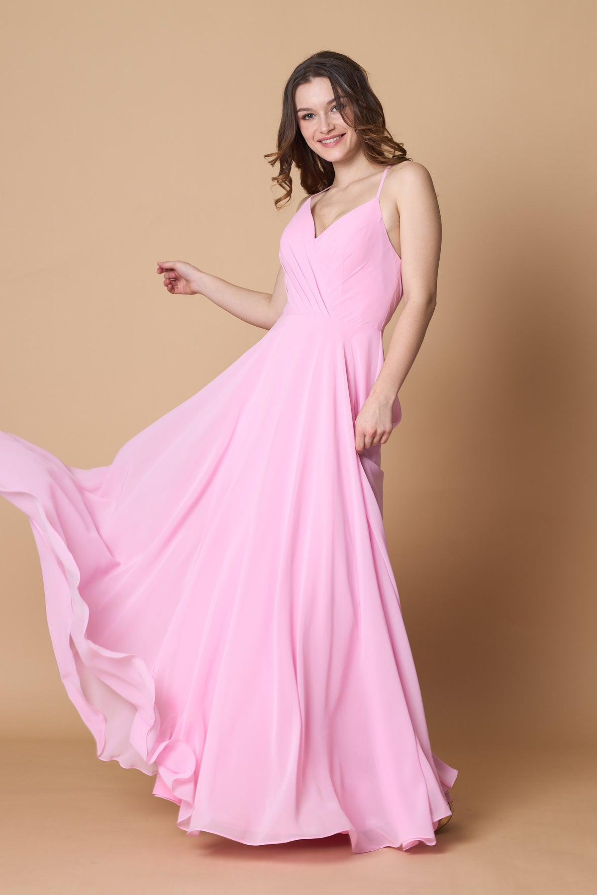 Blush Pink V Neck Spaghetti Strap Pleated Chiffon A Line Maxi Bridesmaid Dress | Ships Within 72 Hours