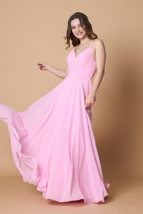 Blush Pink V Neck Spaghetti Strap Pleated Chiffon A Line Maxi Bridesmaid Dress | Ships Within 72 Hours
