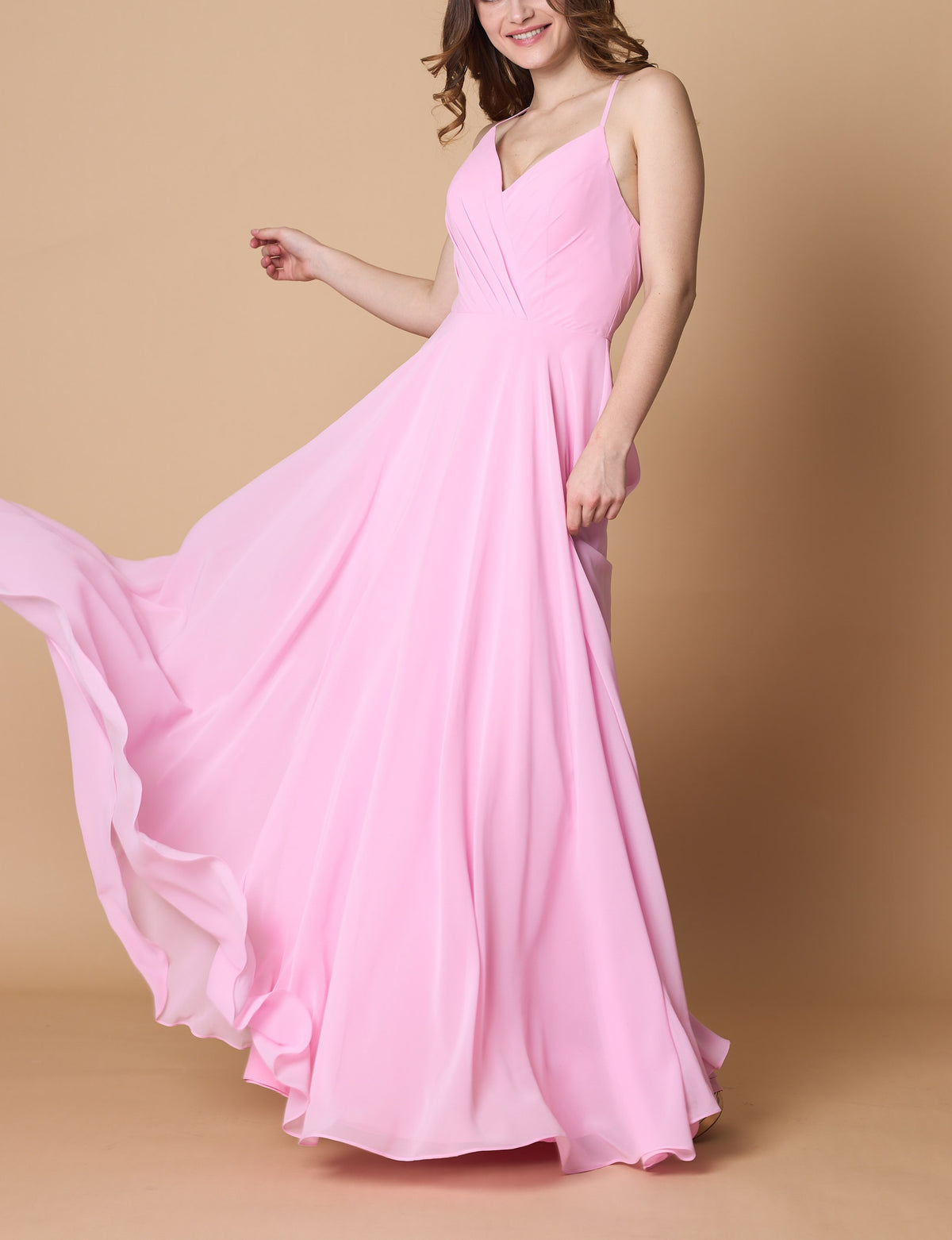 Blush Pink V Neck Spaghetti Strap Pleated Chiffon A Line Maxi Bridesmaid Dress | Ships Within 72 Hours