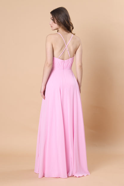 Blush Pink V Neck Spaghetti Strap Pleated Chiffon A Line Maxi Bridesmaid Dress | Ships Within 72 Hours