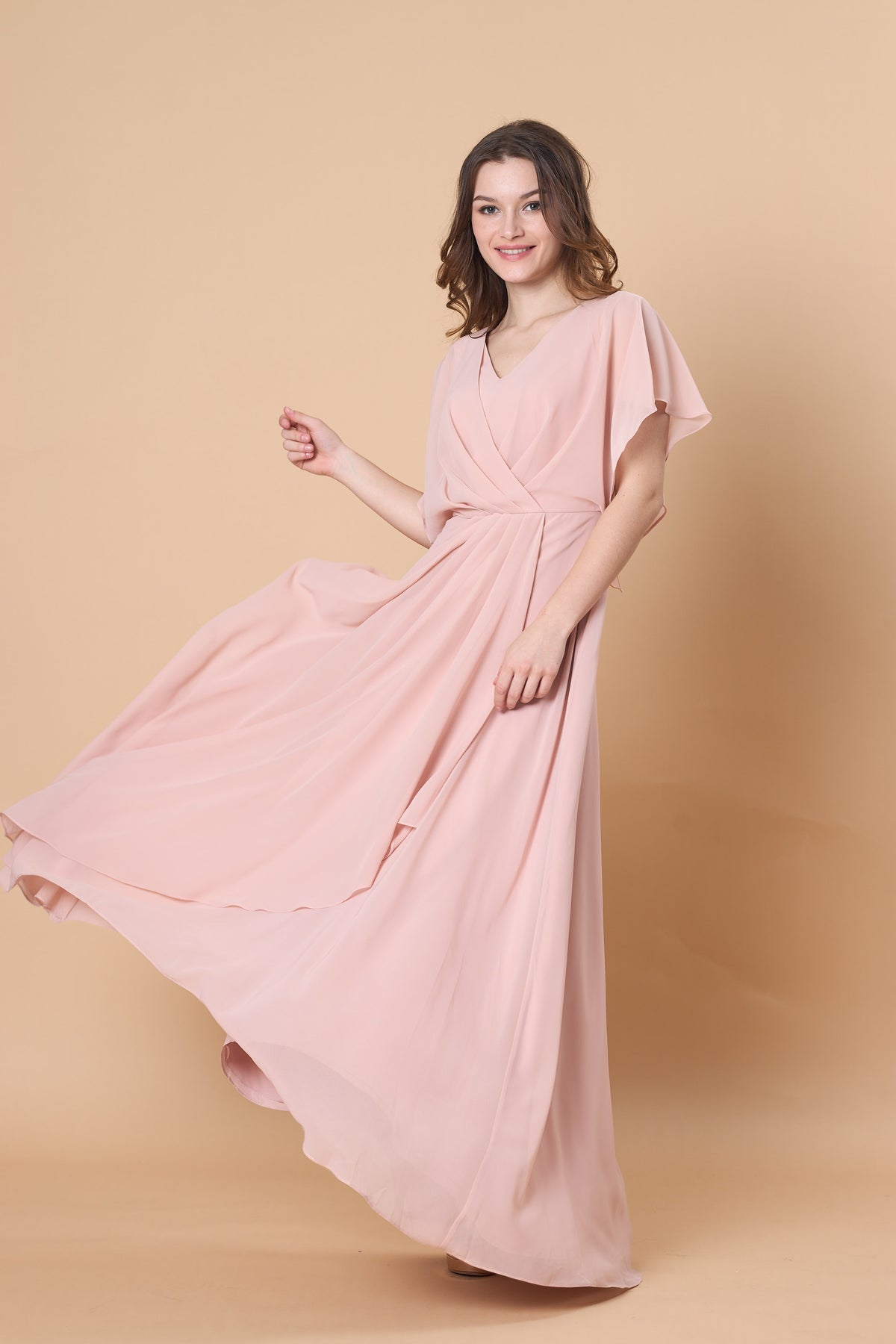 Blush Pink V Neck Flutter Sleeve Chiffon Maxi Bridesmaid Dress | Ship in 72 Hours