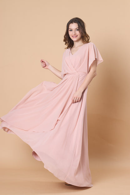 Blush Pink V Neck Flutter Sleeve Chiffon Maxi Bridesmaid Dress | Ship in 72 Hours