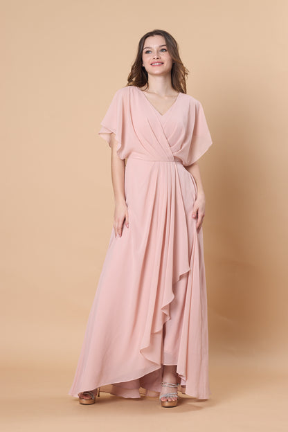 Blush Pink V Neck Flutter Sleeve Chiffon Maxi Bridesmaid Dress | Ship in 72 Hours