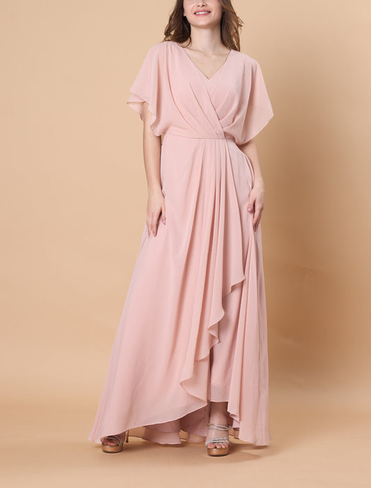 Blush Pink V Neck Flutter Sleeve Chiffon Maxi Bridesmaid Dress | Ship in 72 Hours