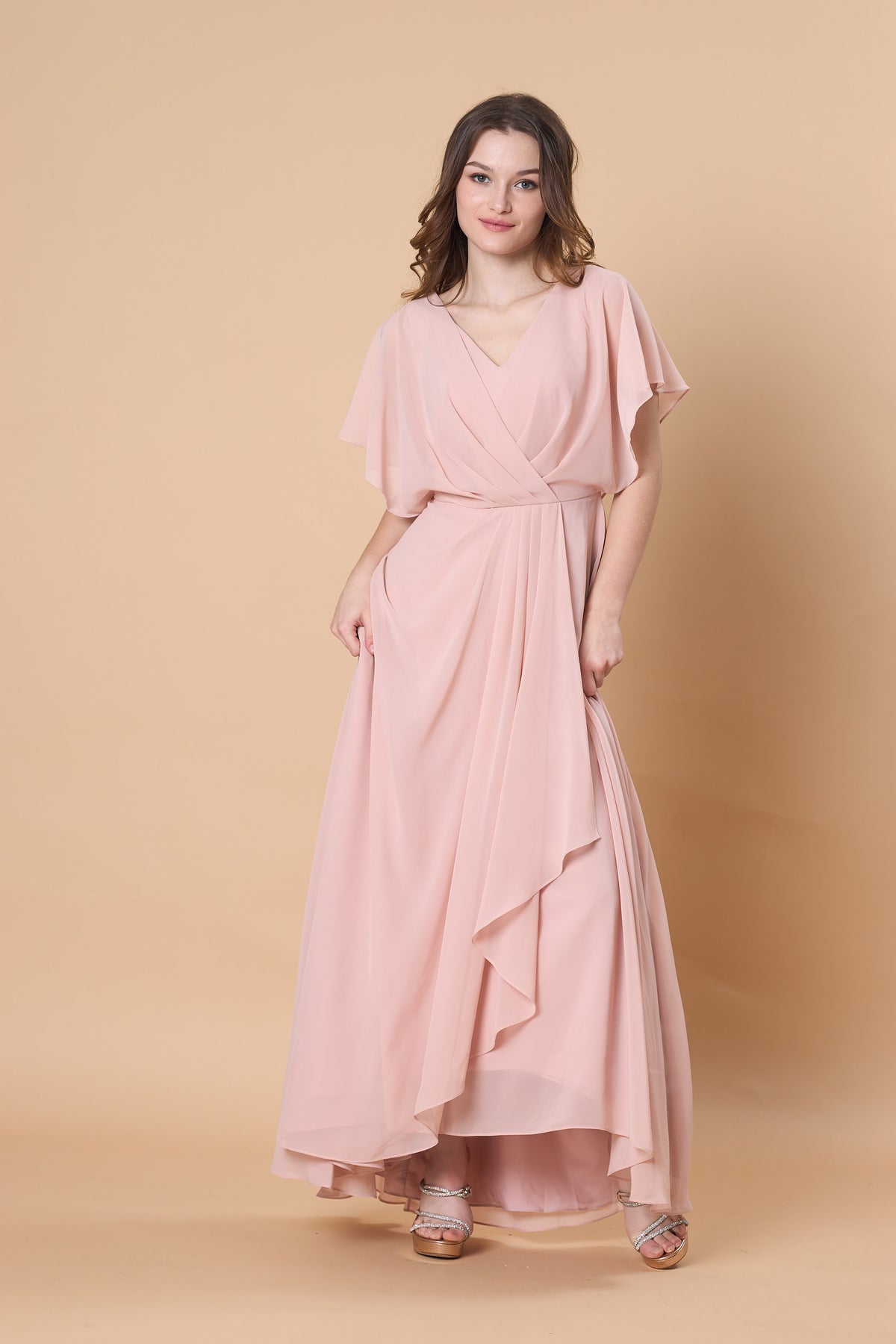 Blush Pink V Neck Flutter Sleeve Chiffon Maxi Bridesmaid Dress | Ship in 72 Hours