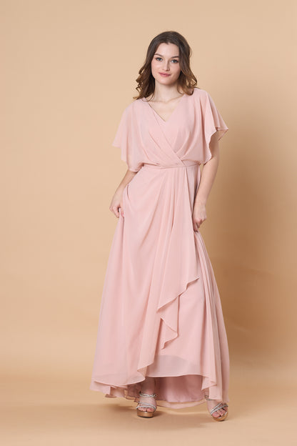 Blush Pink V Neck Flutter Sleeve Chiffon Maxi Bridesmaid Dress | Ship in 72 Hours