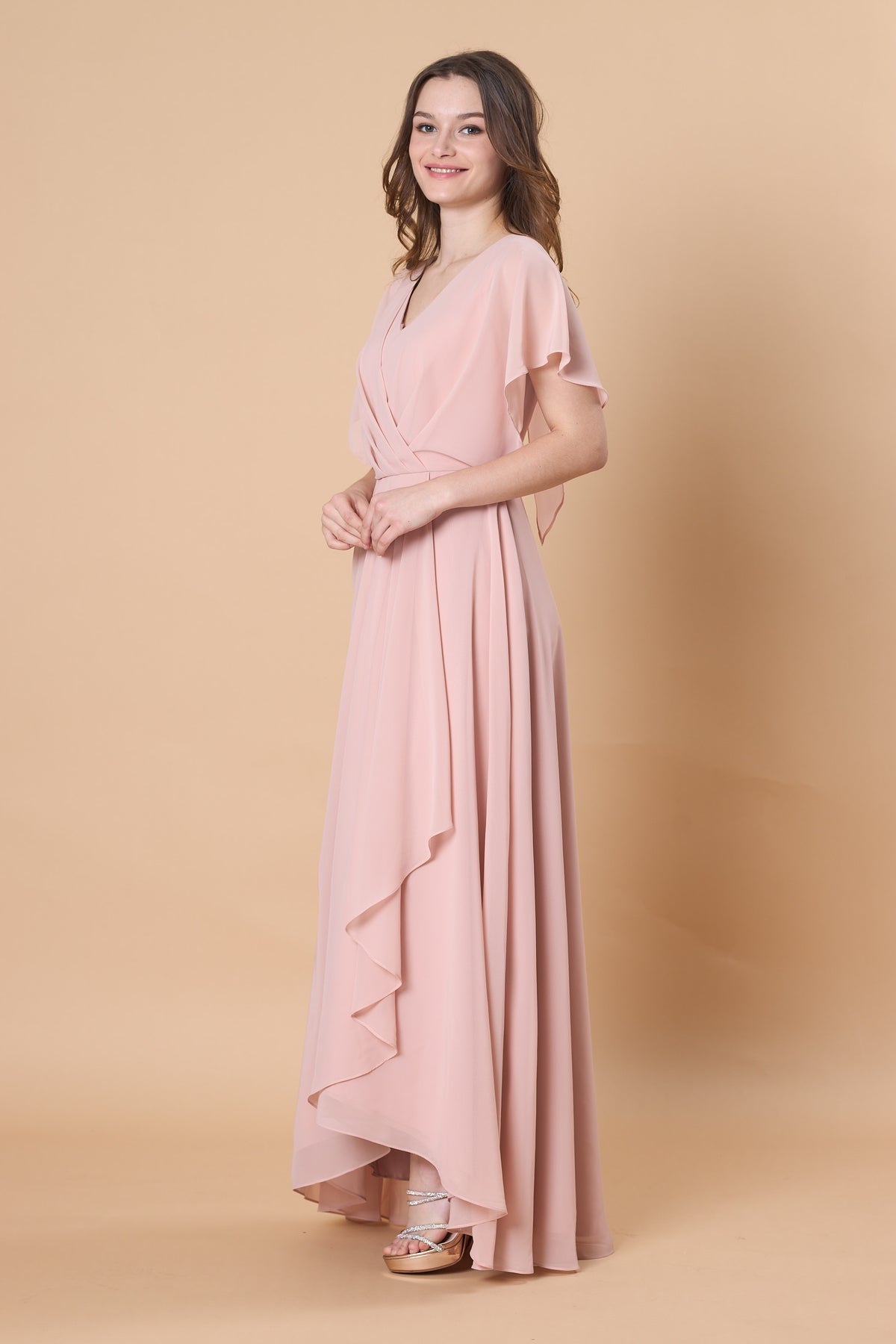 Blush Pink V Neck Flutter Sleeve Chiffon Maxi Bridesmaid Dress | Ship in 72 Hours