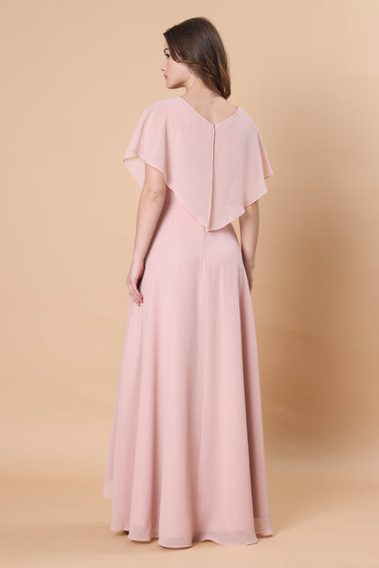 Blush Pink V Neck Flutter Sleeve Chiffon Maxi Bridesmaid Dress | Ship in 72 Hours