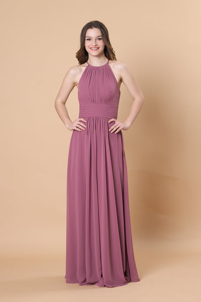 Halter Neck Pleated Chiffon Maxi Bridesmaid Dress | Ship in 72 Hours
