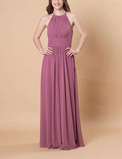 Halter Neck Pleated Chiffon Maxi Bridesmaid Dress | Ship in 72 Hours