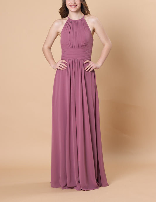 Halter Neck Pleated Chiffon Maxi Bridesmaid Dress | Ship in 72 Hours