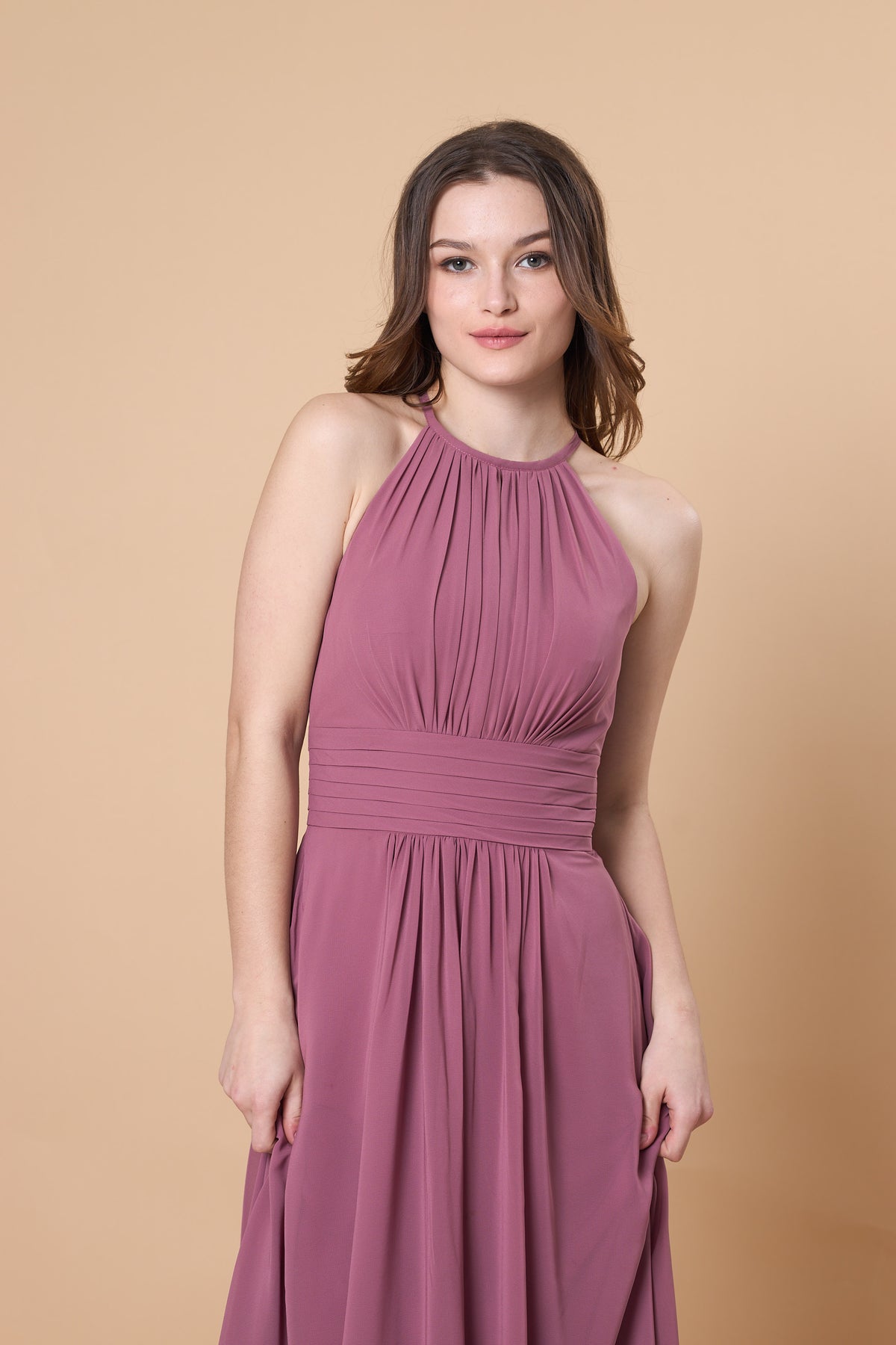 Halter Neck Pleated Chiffon Maxi Bridesmaid Dress | Ship in 72 Hours