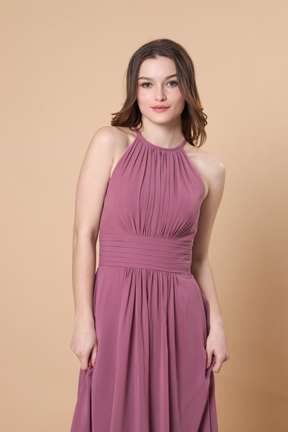 Halter Neck Pleated Chiffon Maxi Bridesmaid Dress | Ship in 72 Hours