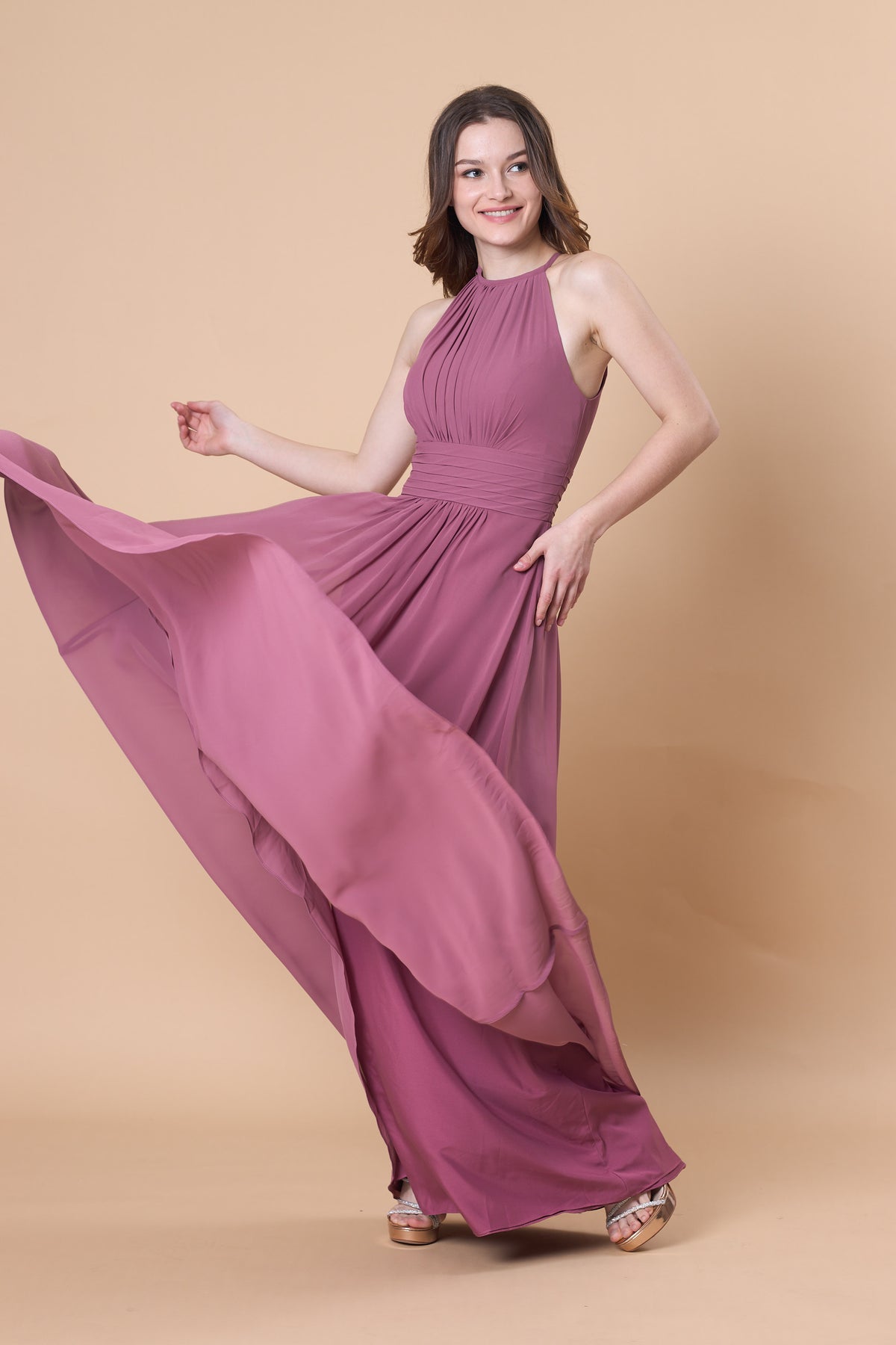 Halter Neck Pleated Chiffon Maxi Bridesmaid Dress | Ship in 72 Hours