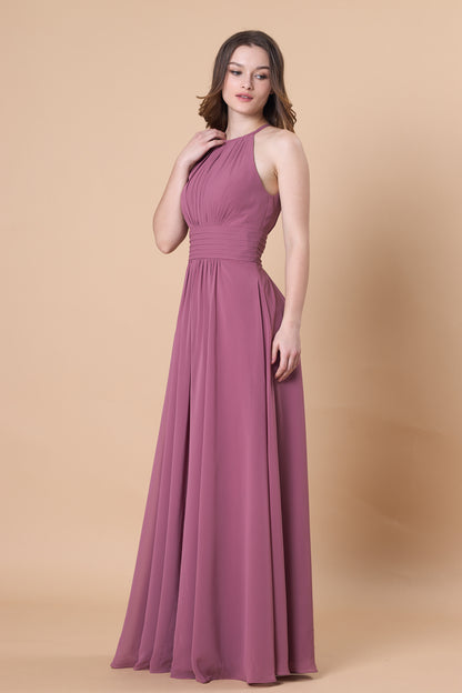 Halter Neck Pleated Chiffon Maxi Bridesmaid Dress | Ship in 72 Hours