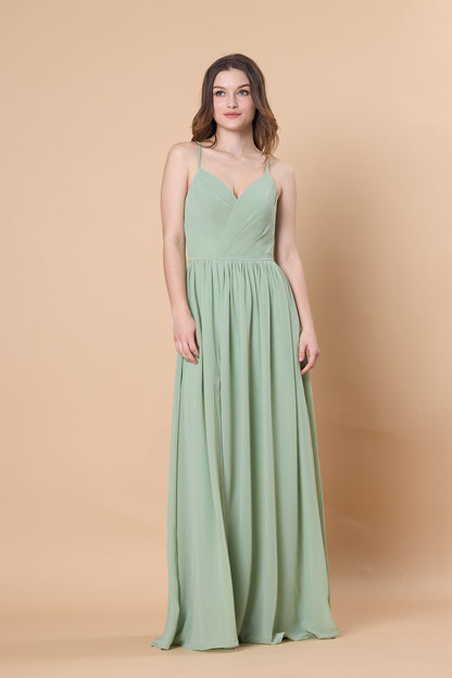 Sage Green Spaghetti Strap V Neck Chiffon Floor-Length Bridesmaid Dress  | Ship in 72 Hours
