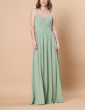 Sage Green Spaghetti Strap V Neck Chiffon Floor-Length Bridesmaid Dress  | Ship in 72 Hours