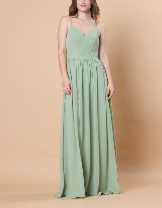 Sage Green Spaghetti Strap V Neck Chiffon Floor-Length Bridesmaid Dress  | Ship in 72 Hours