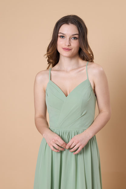 Sage Green Spaghetti Strap V Neck Chiffon Floor-Length Bridesmaid Dress  | Ship in 72 Hours
