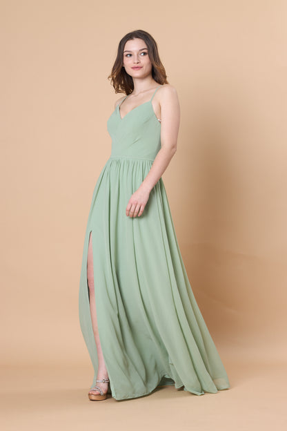 Sage Green Spaghetti Strap V Neck Chiffon Floor-Length Bridesmaid Dress  | Ship in 72 Hours