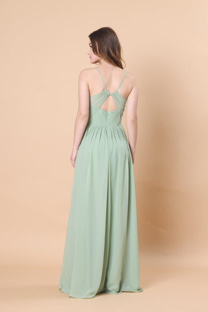 Sage Green Spaghetti Strap V Neck Chiffon Floor-Length Bridesmaid Dress  | Ship in 72 Hours