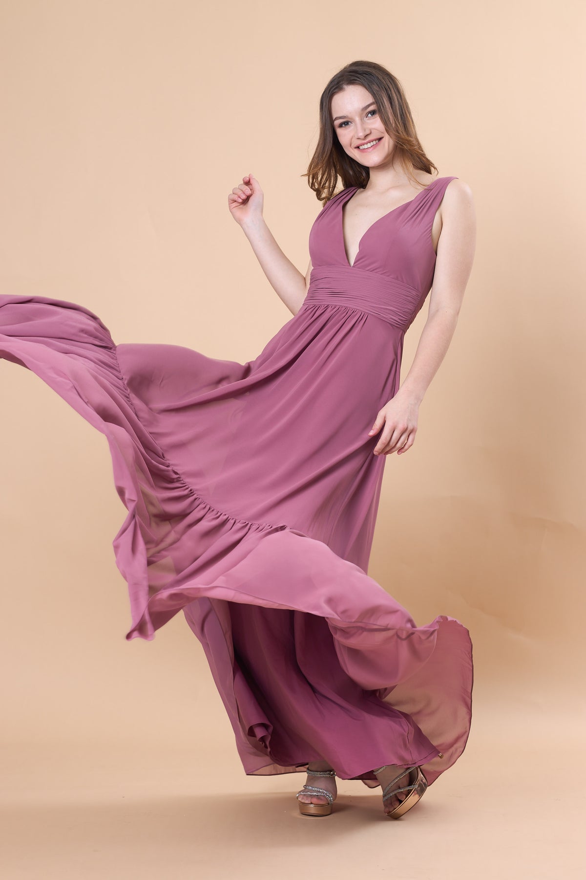 Deep V Sleeveless Ruched Waist Tiered Chiffon Floor-Length Bridesmaid Dress | US Sizes | Ship in 72 Hours