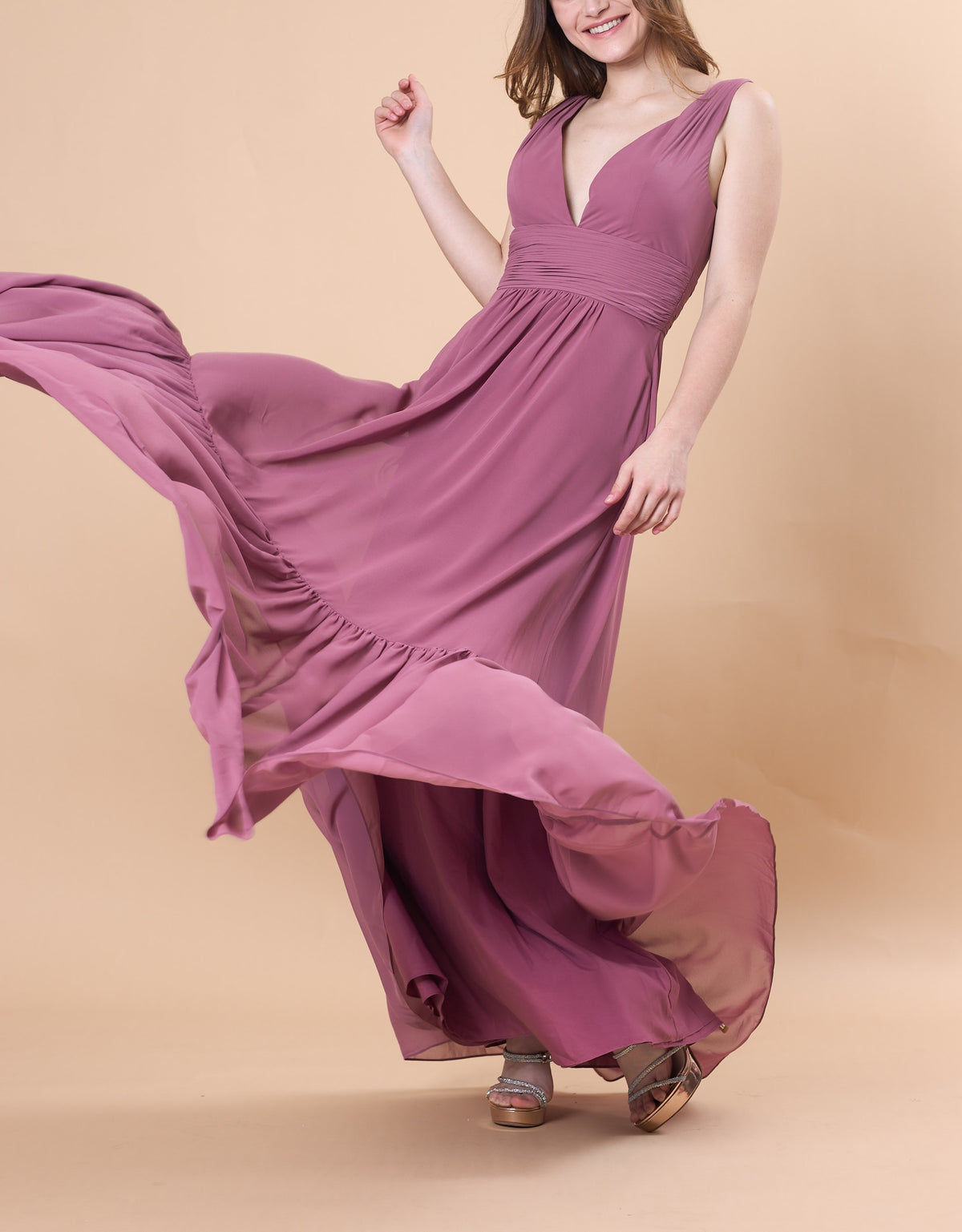 Deep V Sleeveless Ruched Waist Tiered Chiffon Floor-Length Bridesmaid Dress | US Sizes | Ship in 72 Hours