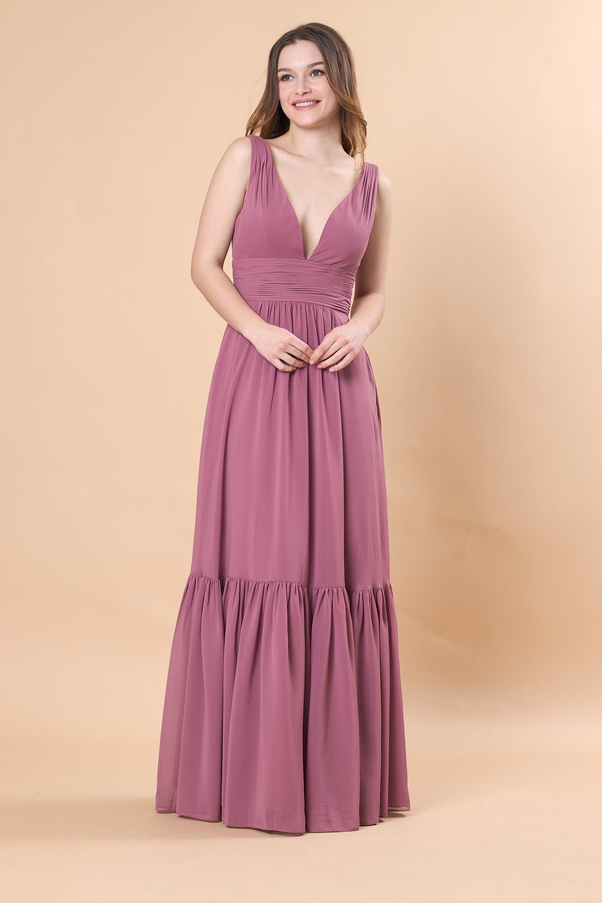 Deep V Sleeveless Ruched Waist Tiered Chiffon Floor-Length Bridesmaid Dress | US Sizes | Ship in 72 Hours