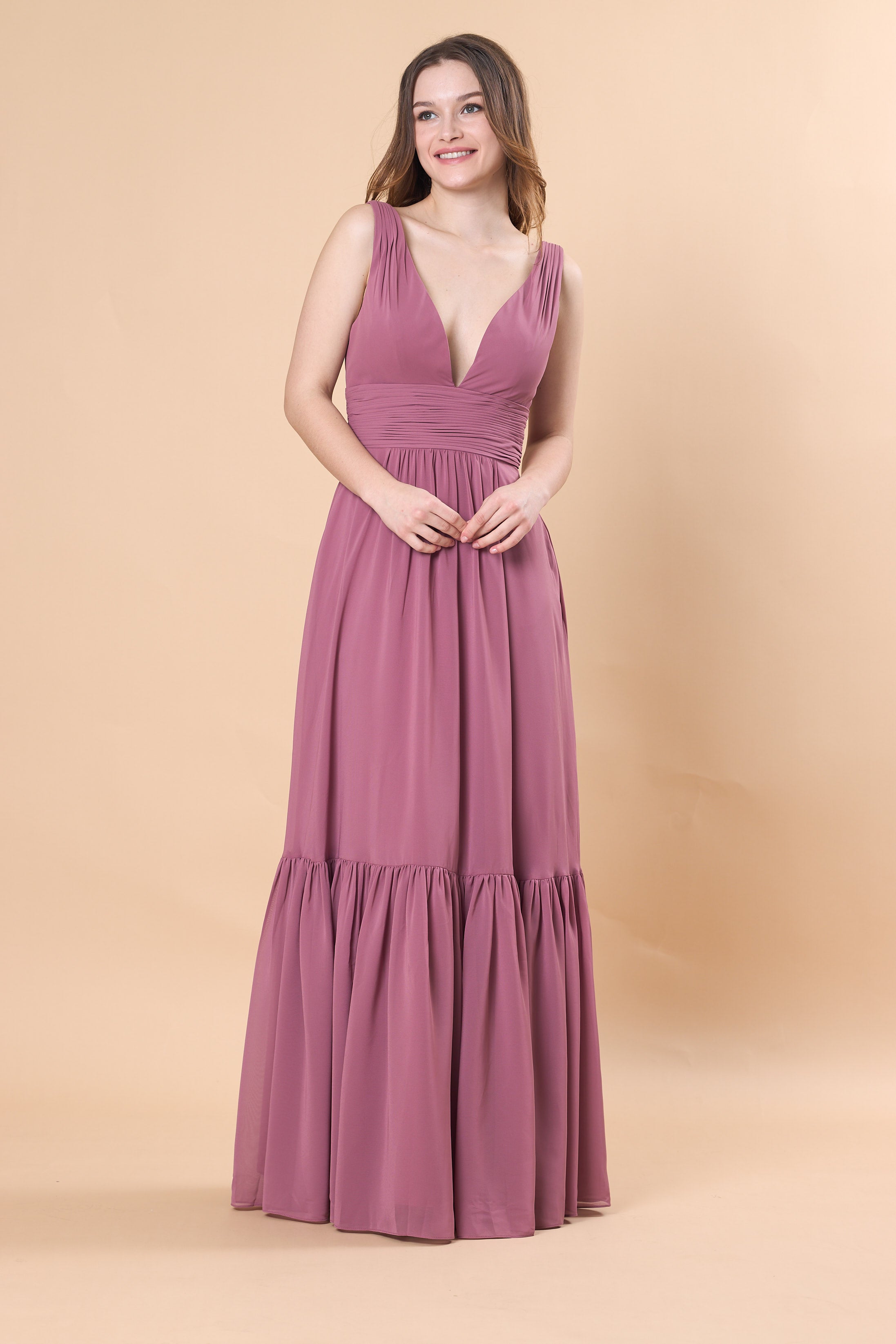 Deep V Sleeveless Ruched Waist Tiered Chiffon Floor-Length Bridesmaid Dress | US Sizes | Ship in 72 Hours