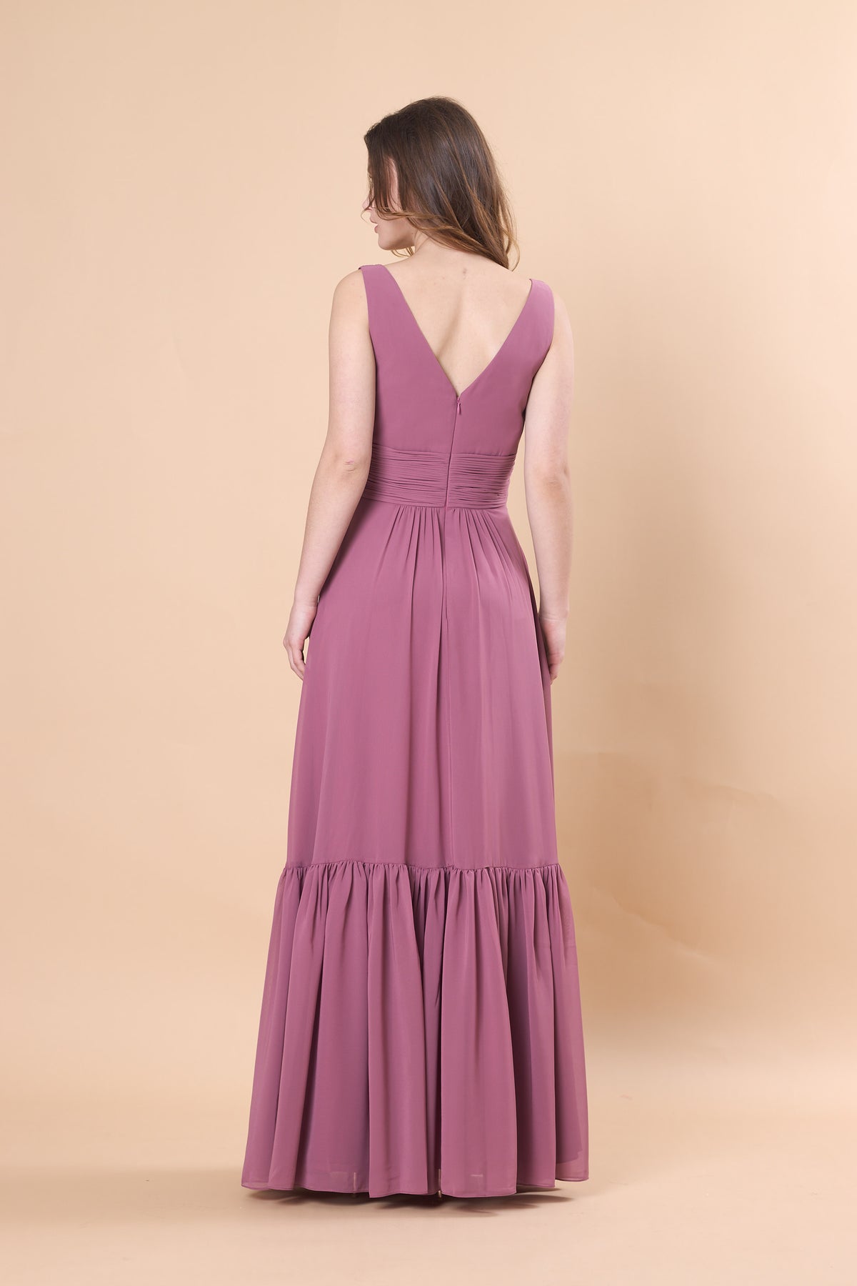 Deep V Sleeveless Ruched Waist Tiered Chiffon Floor-Length Bridesmaid Dress | US Sizes | Ship in 72 Hours