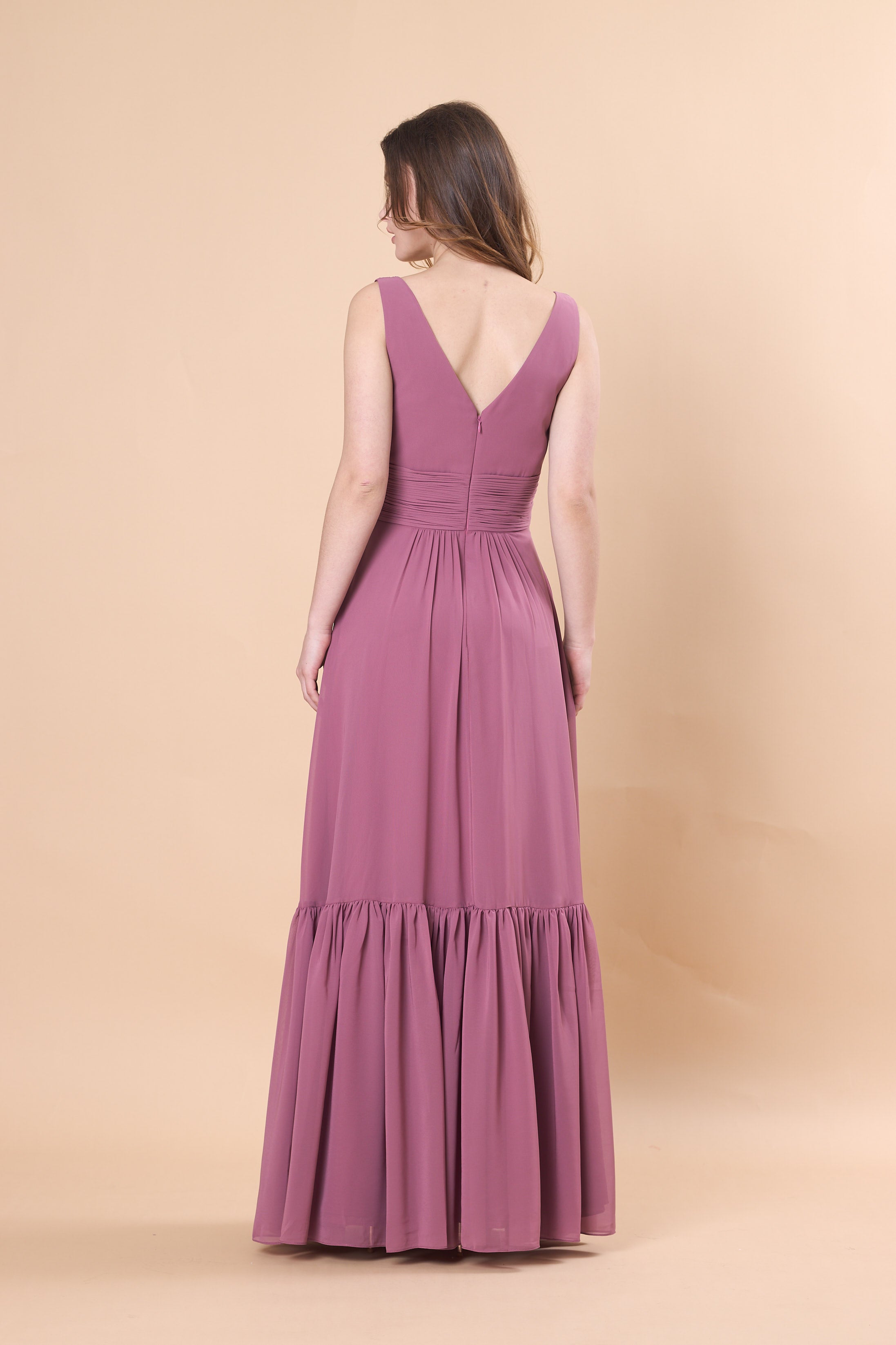 Deep V Sleeveless Ruched Waist Tiered Chiffon Floor-Length Bridesmaid Dress | US Sizes | Ship in 72 Hours