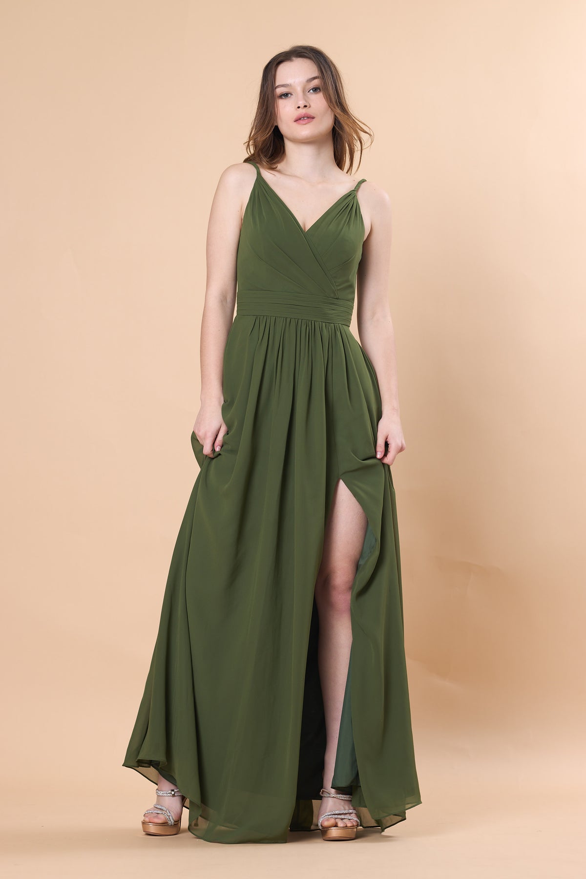 Olive Green Spaghetti Strap V-Neck High Slit Chiffon Floor-Length Bridesmaid Dress | US Sizes | Ship in 72 Hours